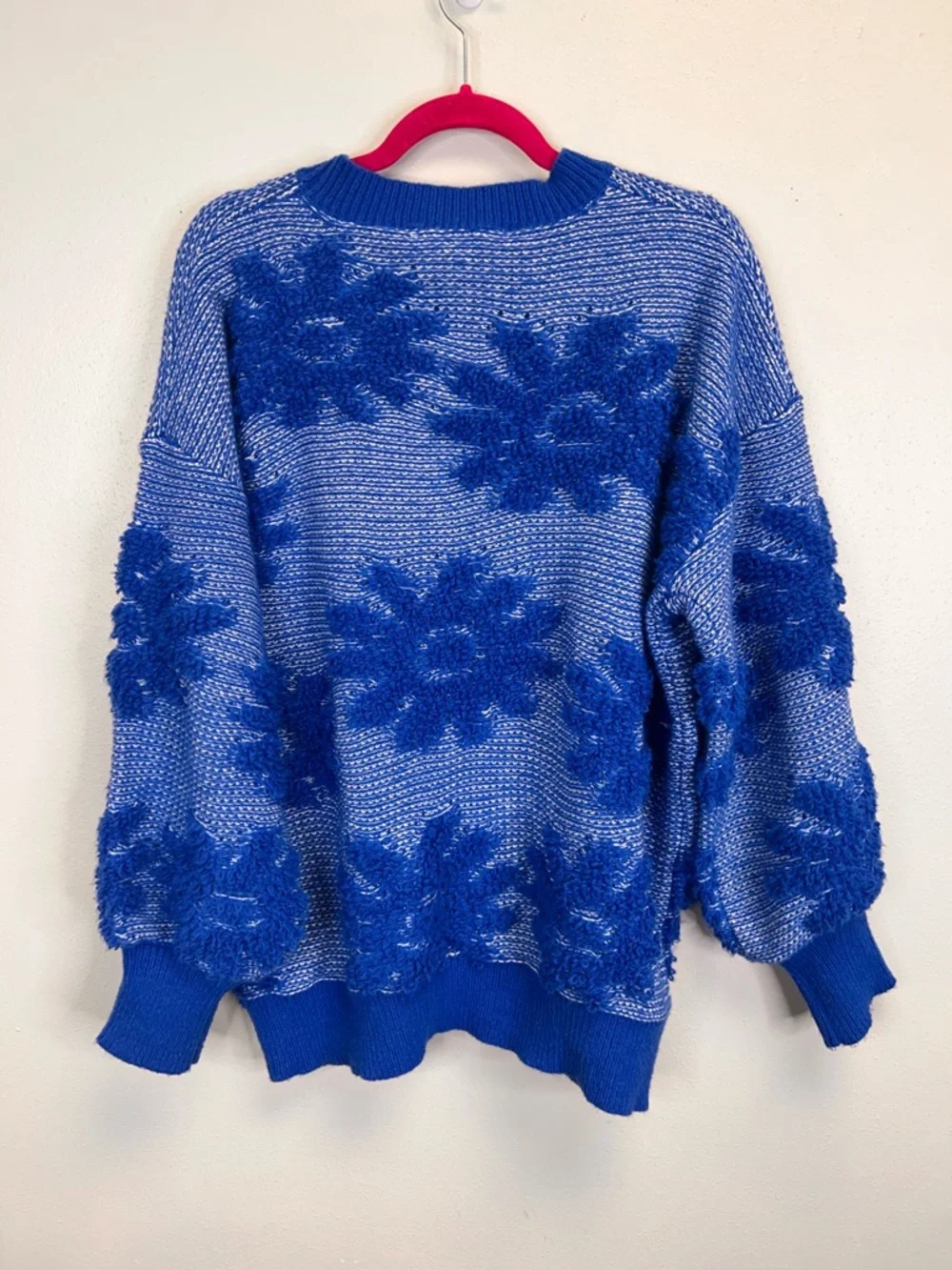 Blue Floral Oversized Textured Knit Sweater Size L Quirky Dopamine Colorful Fun - Picture 8 of 10